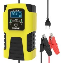 FOXSUR Autobatterieladegeräte 6V / 2A 12V / 2A Vollautomatische Intelligente Batterieladegeräte Wartungsgerät Tragbare Erhaltungsladegeräte Batteriedesulfator Für Auto Motorrad,EU-Stecker, Gelb