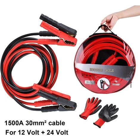 QERSTA Starthilfekabel 12V/24V Kupfer Autobatteriekabel (4M 1500A) - Diesel Starthilfekabel Mit Schutzhandschuhen Und Tragetasche - Für PKW Und LKW – Bild 2